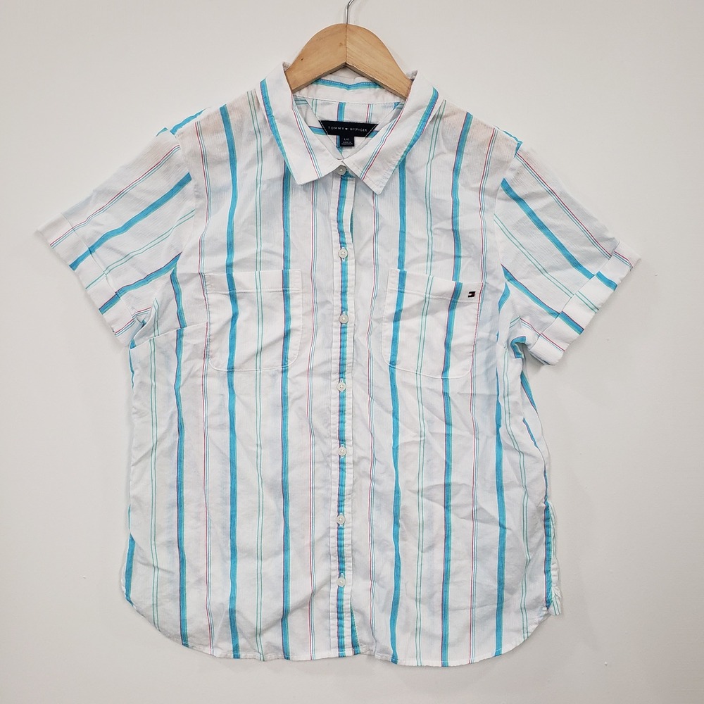 Tommy Hilfiger Womens Large Striped Short Sleeve Button Down Shirt White Blue L